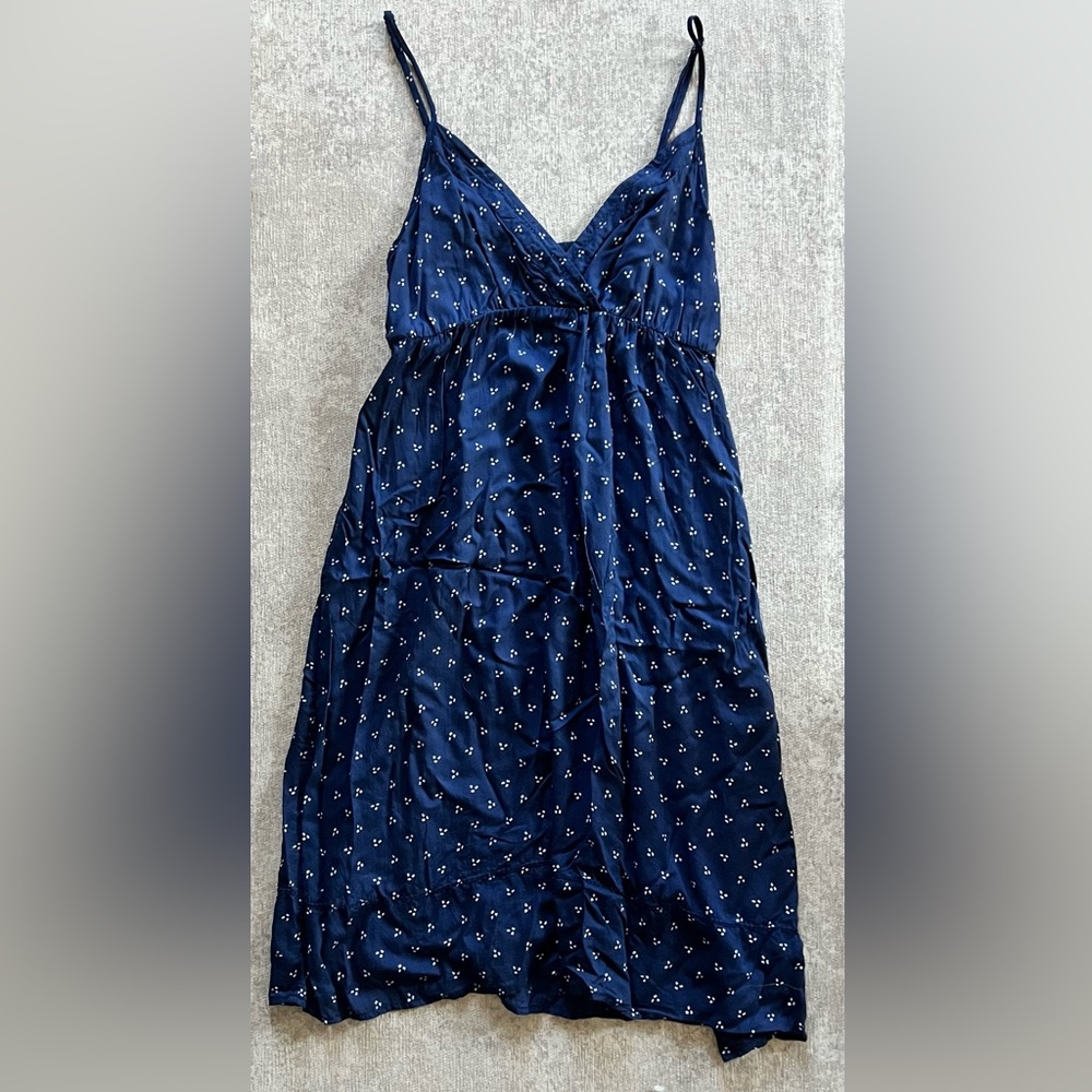 L.O.G.G. Spaghetti Strap Midi Dress with V-neck - Navy Blue and White Patterned